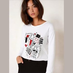 DOLCEZZA Graphic Long Sleeve White Top small NWT